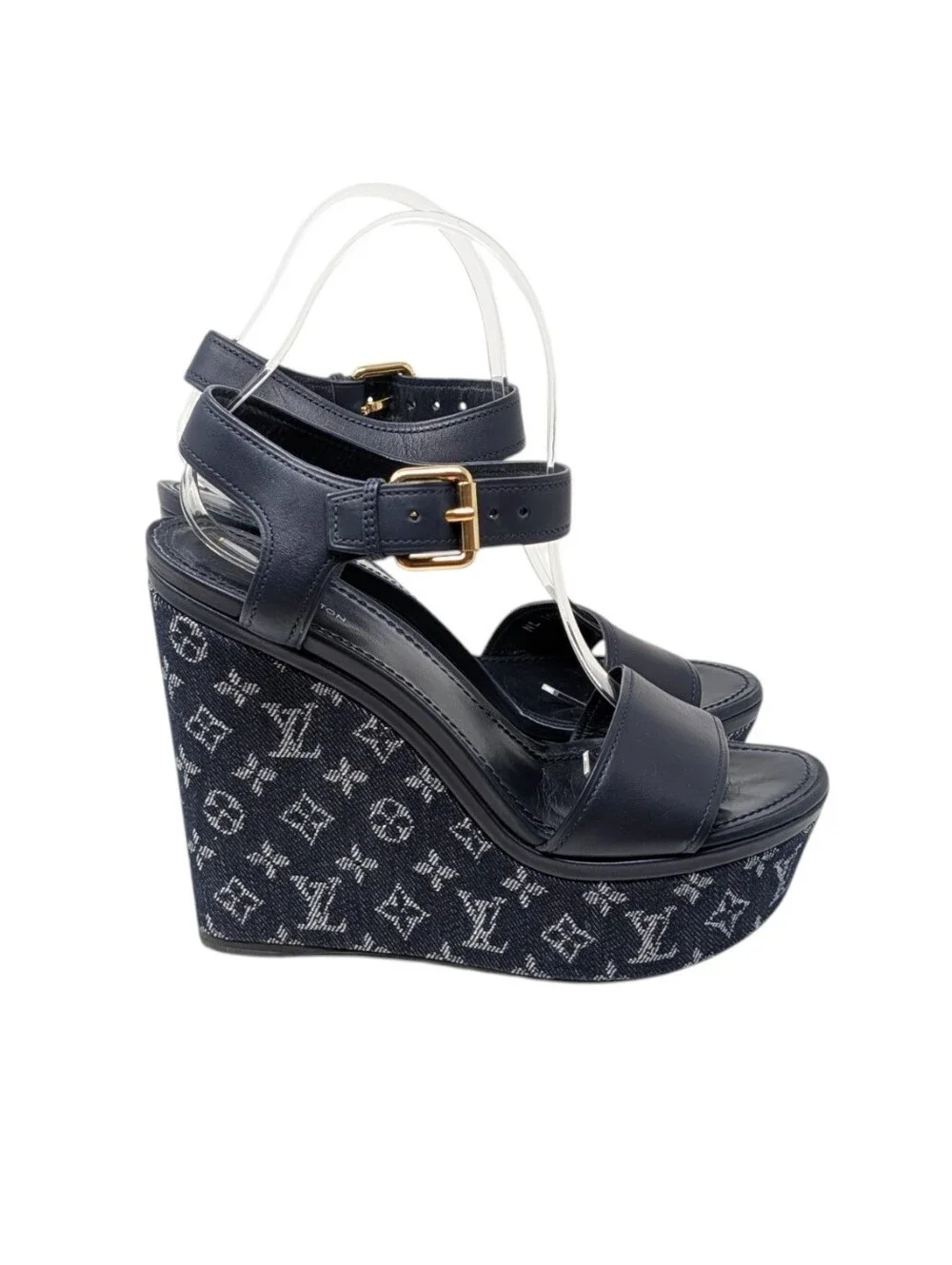 Louis Vuitton Blue Denim Monogram Leather Wedges Size EU 37.5
